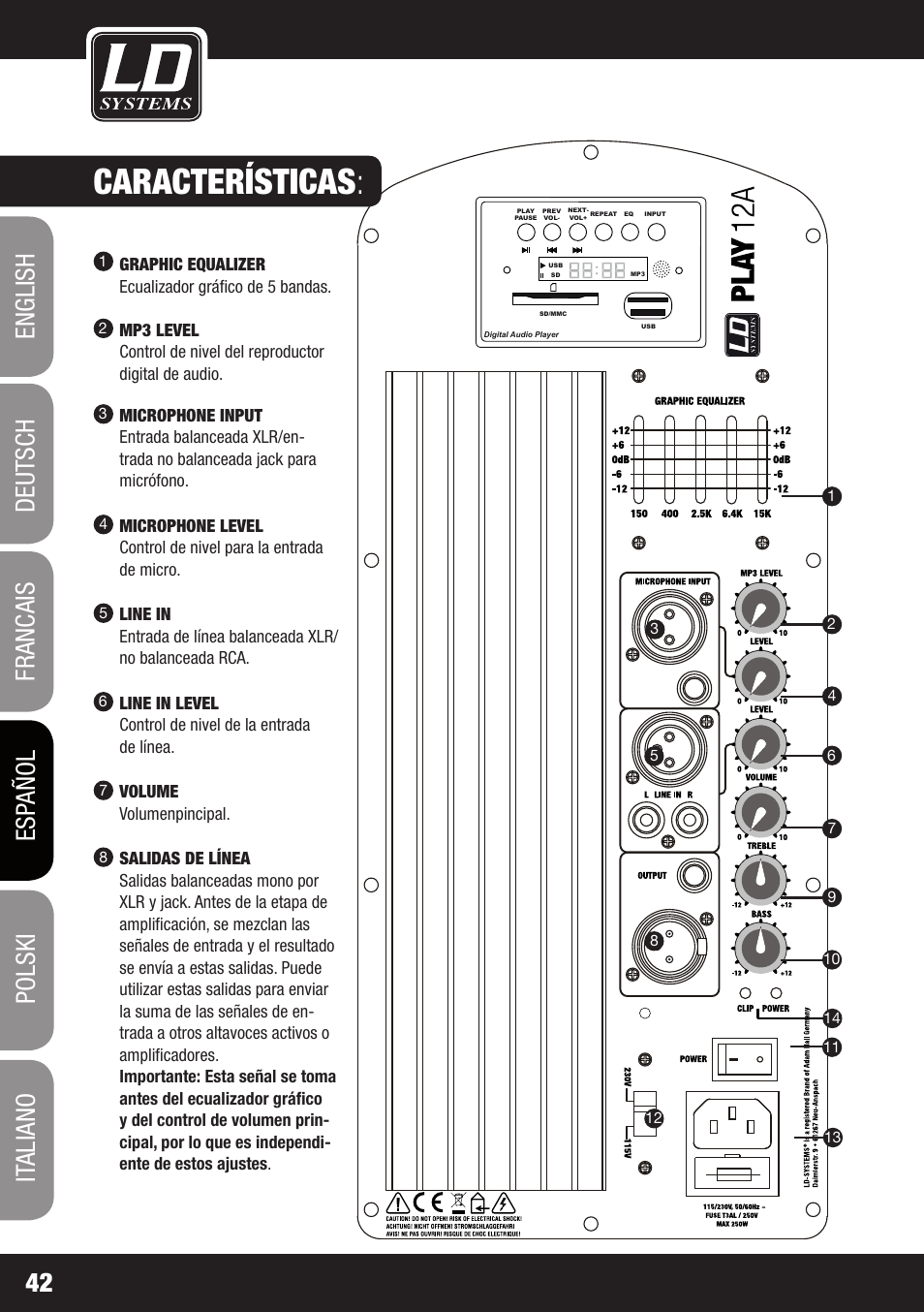 Características, Graphic equalizer ecualizador gráfico de 5 bandas, Volume volumenpincipal | LD Systems PLAY 12 A User Manual | Page 42 / 74