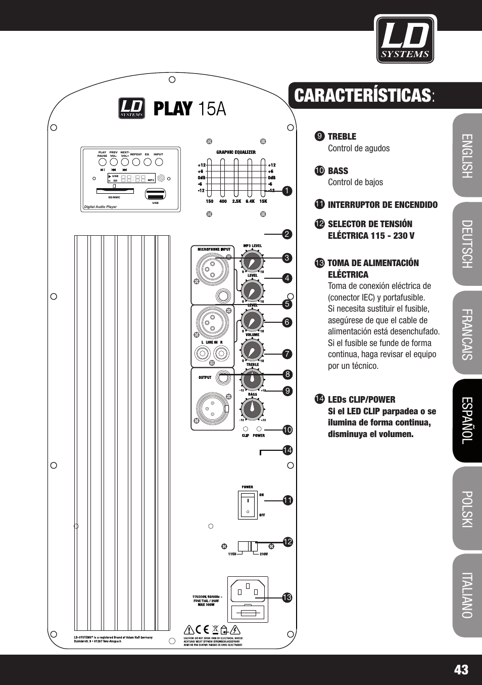 Características, Treble control de agudos, Bass control de bajos | Interruptor de encendido | LD Systems PLAY 12 A User Manual | Page 43 / 74