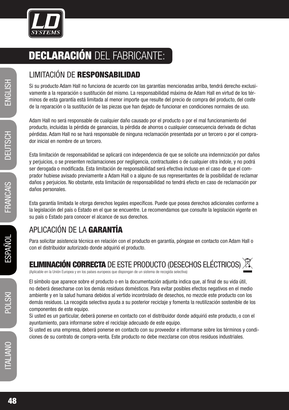 Declaración del fabricante | LD Systems PLAY 12 A User Manual | Page 48 / 74