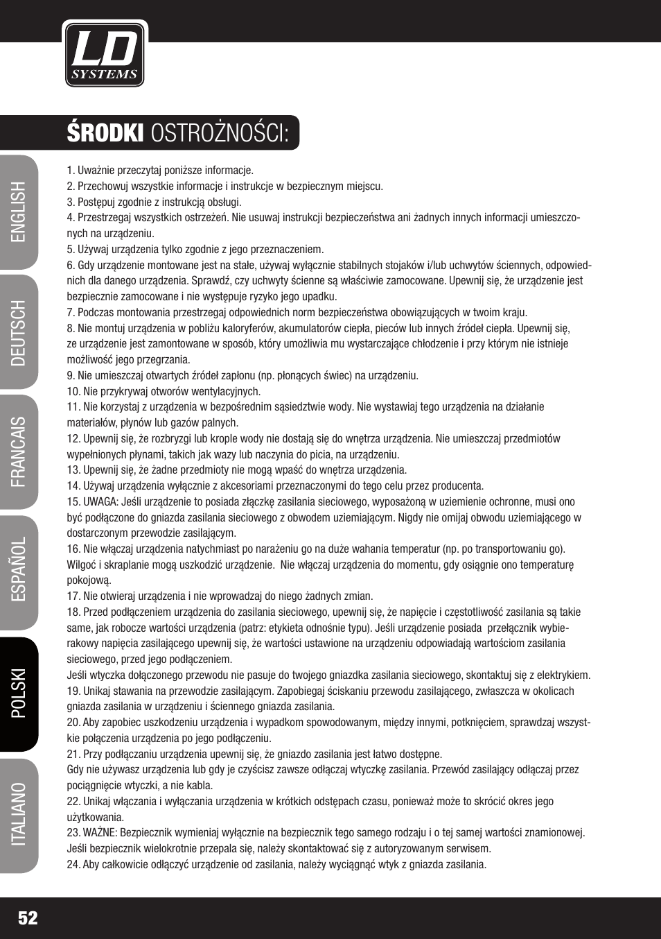 Środki ostrożności | LD Systems PLAY 12 A User Manual | Page 52 / 74