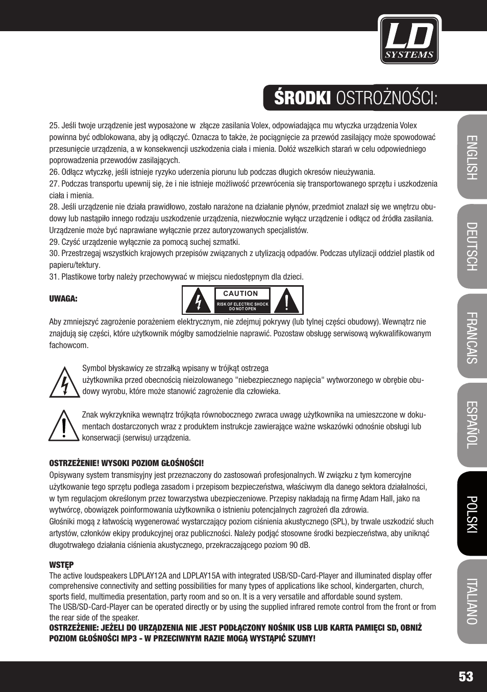 Wstęp, Środki ostrożności | LD Systems PLAY 12 A User Manual | Page 53 / 74