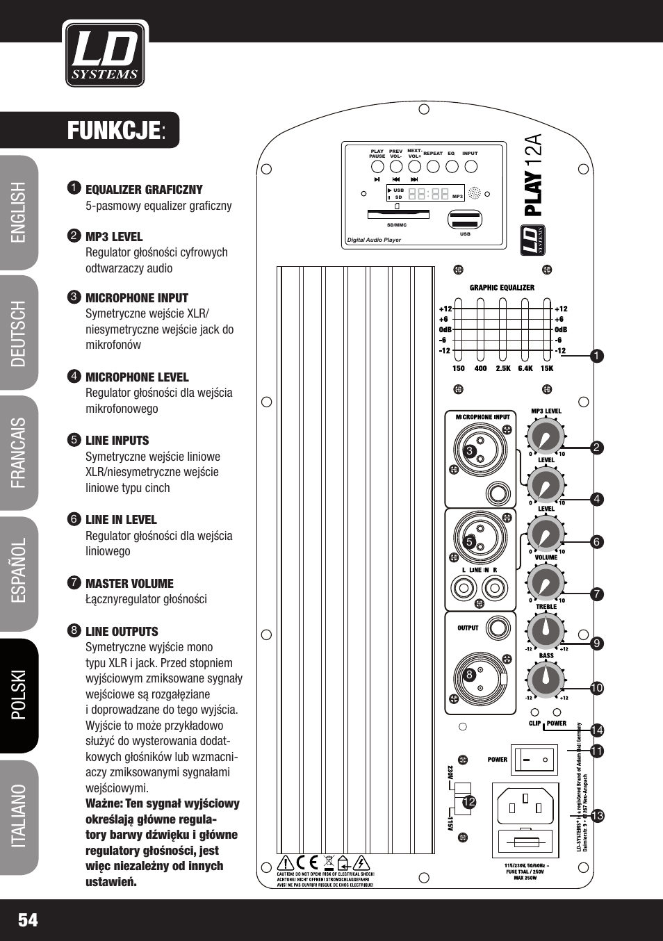 Funkcje, Equalizer graficzny 5-pasmowy equalizer graficzny, Master volume łącznyregulator głośności | LD Systems PLAY 12 A User Manual | Page 54 / 74