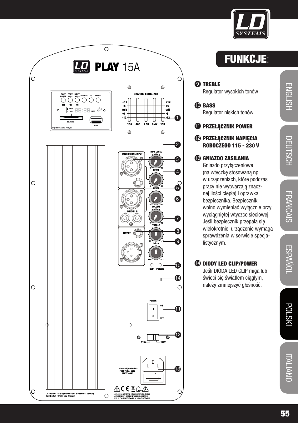 Funkcje, Treble regulator wysokich tonów, Bass regulator niskich tonów | Przełącznik power | LD Systems PLAY 12 A User Manual | Page 55 / 74