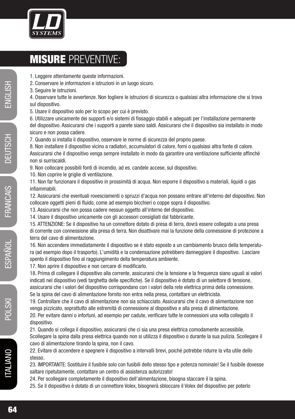 Misure preventive | LD Systems PLAY 12 A User Manual | Page 64 / 74