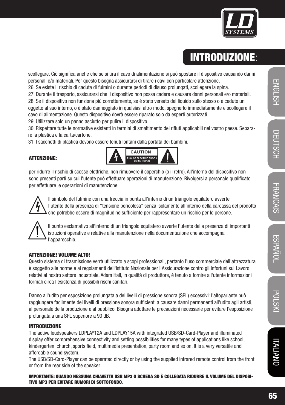 Introduzione | LD Systems PLAY 12 A User Manual | Page 65 / 74