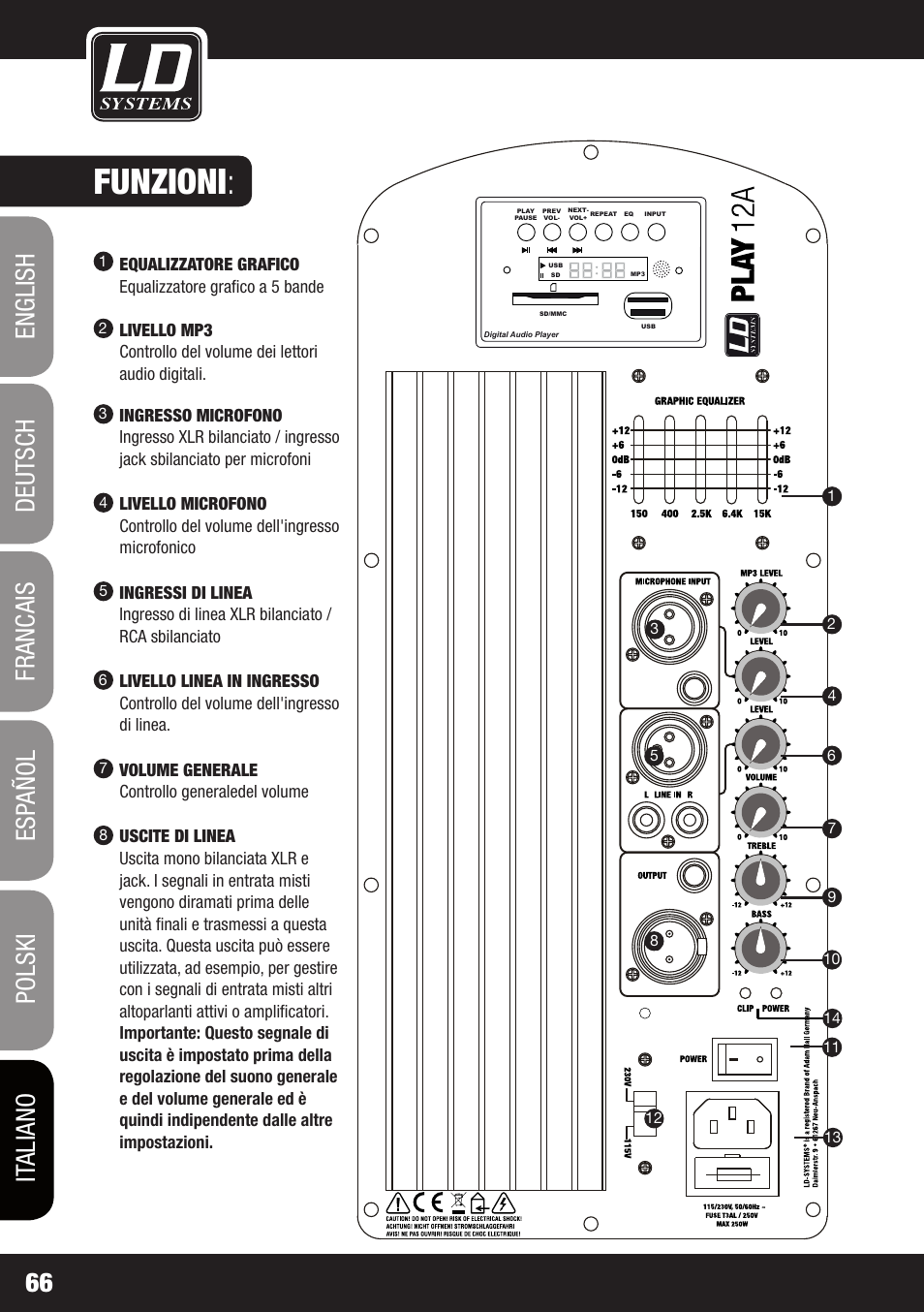Funzioni, Volume generale controllo generaledel volume | LD Systems PLAY 12 A User Manual | Page 66 / 74