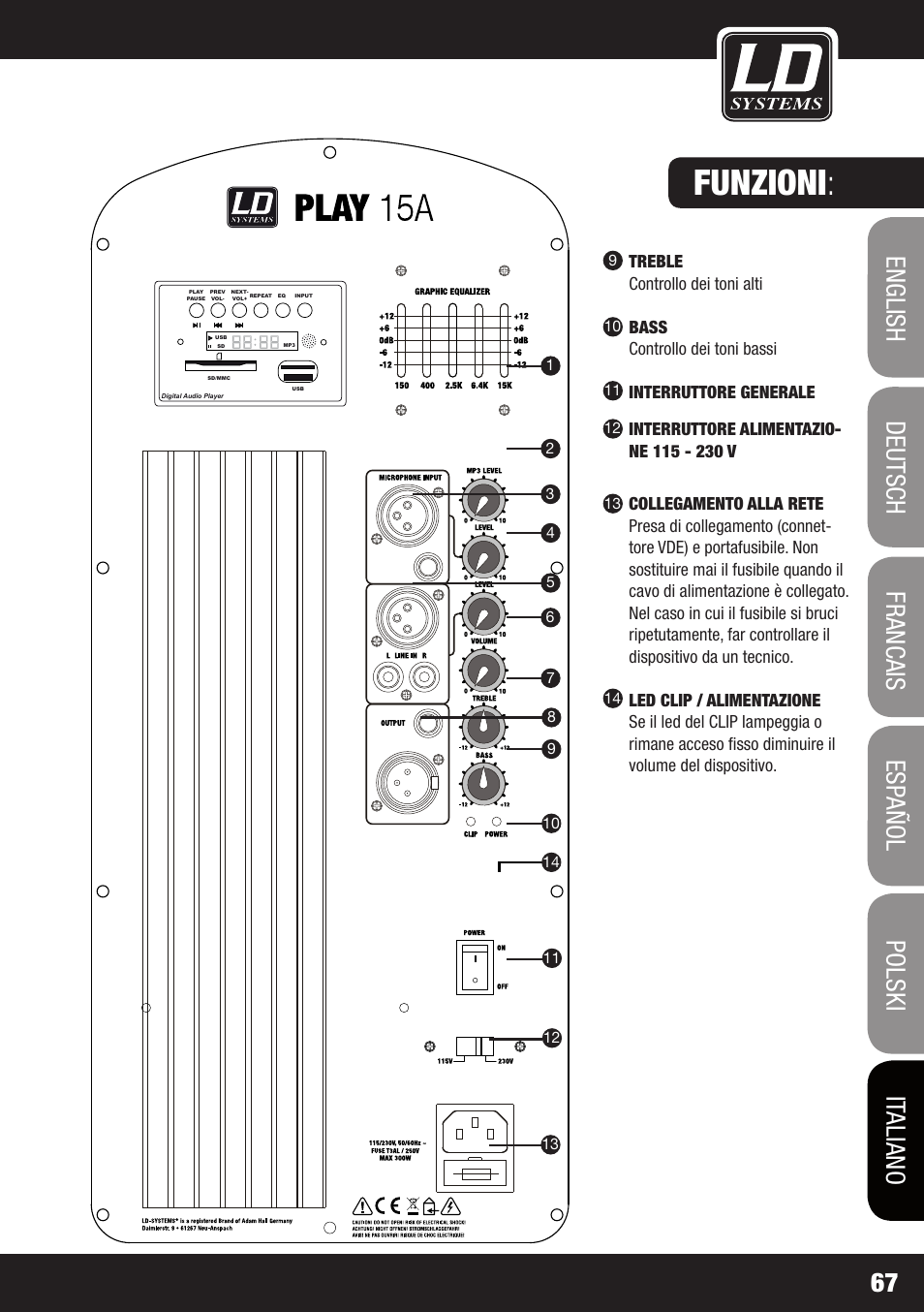 Funzioni, Treble controllo dei toni alti, Bass controllo dei toni bassi | Interruttore generale | LD Systems PLAY 12 A User Manual | Page 67 / 74