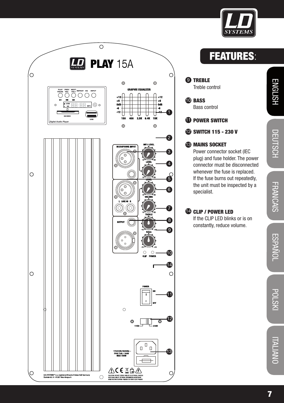 Features, Treble treble control, Bass bass control | Power switch | LD Systems PLAY 12 A User Manual | Page 7 / 74