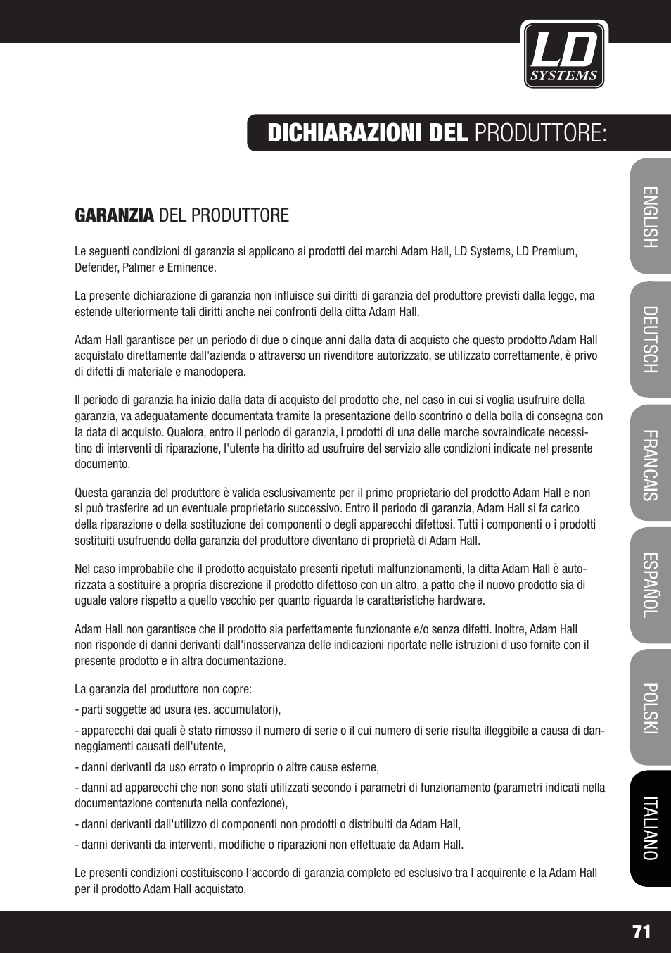Dichiarazioni del produttore | LD Systems PLAY 12 A User Manual | Page 71 / 74