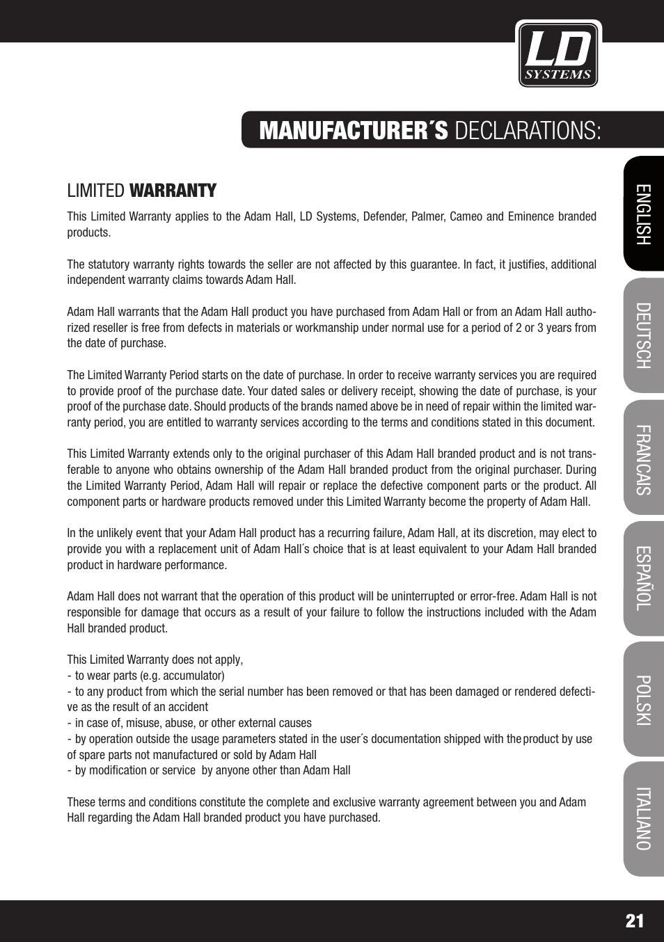 Manufacturer´s declarations | LD Systems STINGER 12 A G2 User Manual | Page 21 / 134