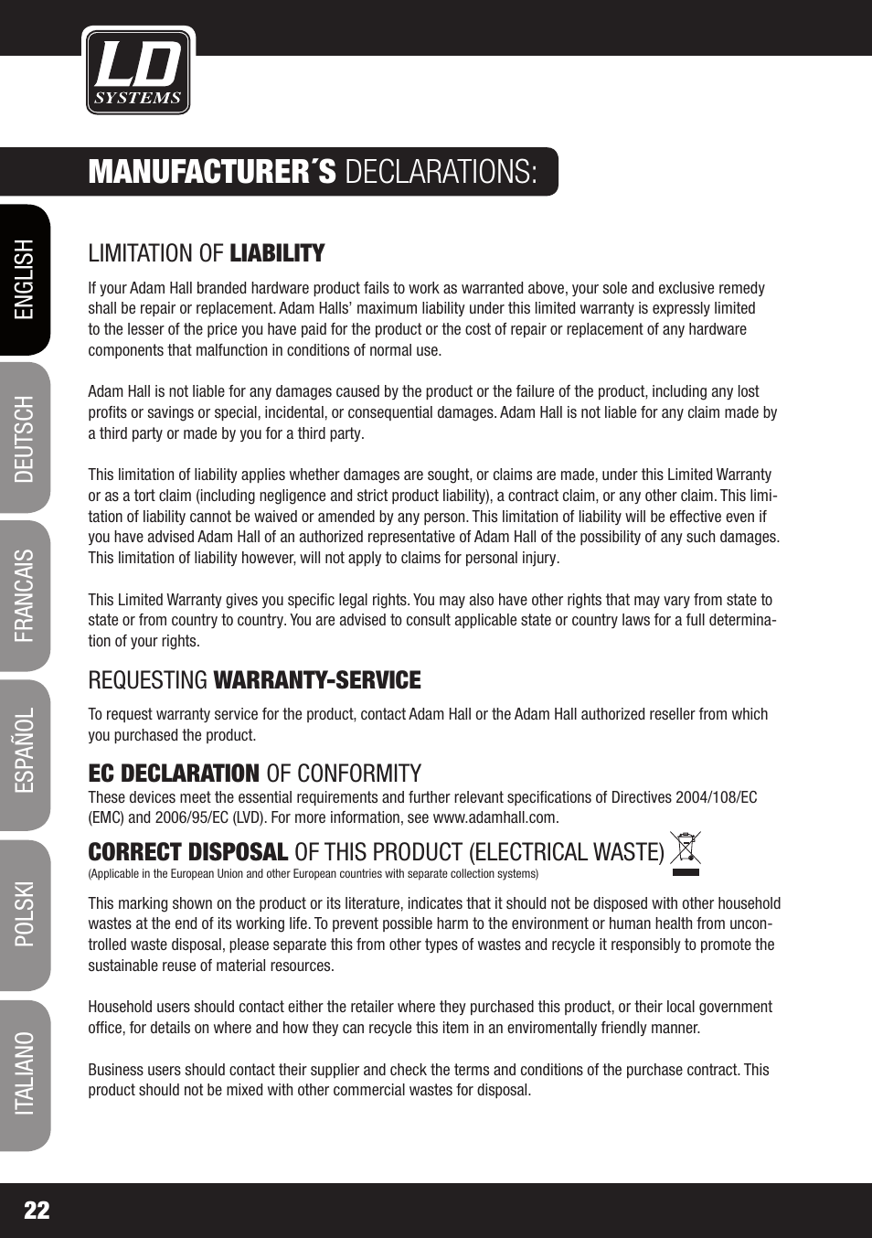 Manufacturer´s declarations | LD Systems STINGER 12 A G2 User Manual | Page 22 / 134