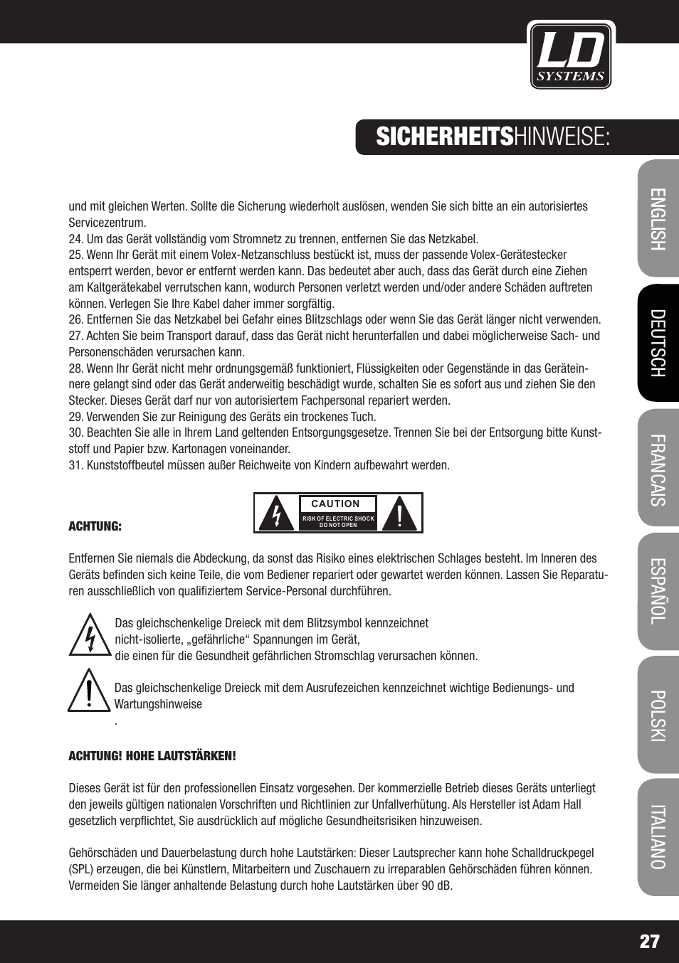 Sicherheits hinweise | LD Systems STINGER 12 A G2 User Manual | Page 27 / 134