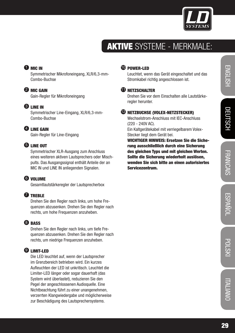 Aktive systeme bedien-/anschlussfeld, Aktive systeme - merkmale | LD Systems STINGER 12 A G2 User Manual | Page 29 / 134