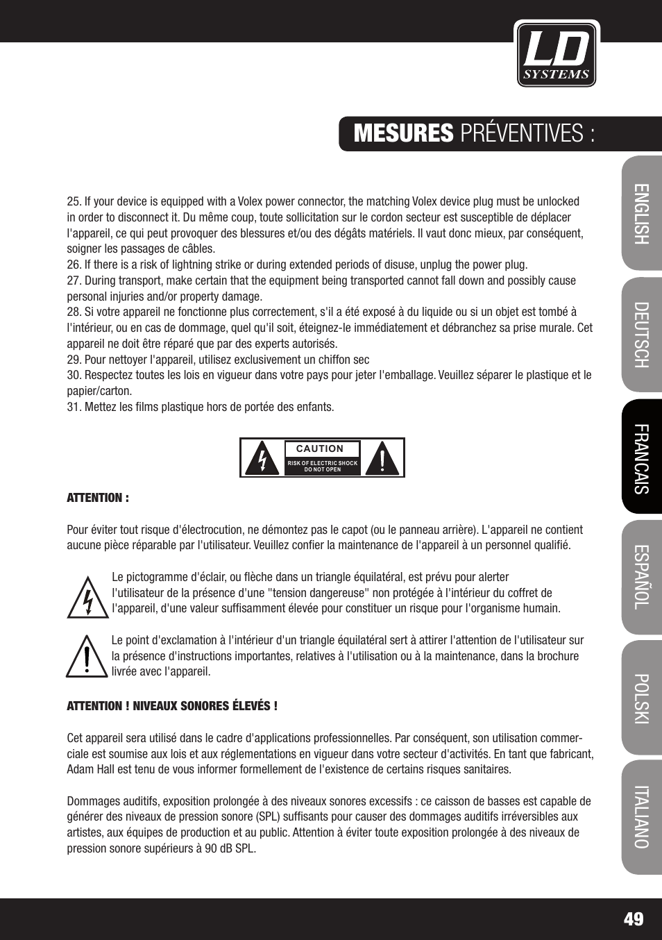 Mesures préventives | LD Systems STINGER 12 A G2 User Manual | Page 49 / 134