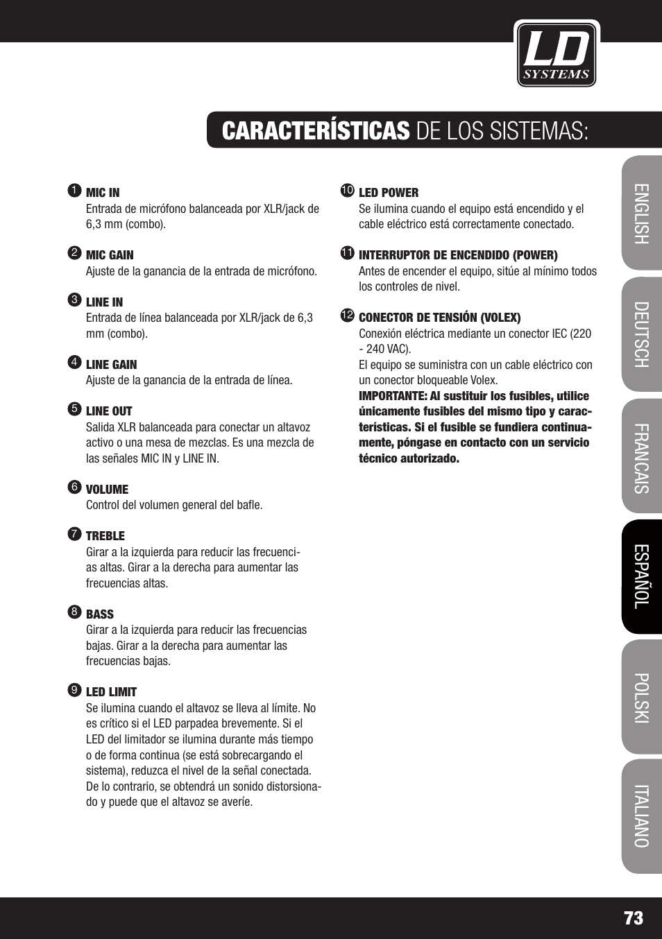 Características de los sistemas: activos | LD Systems STINGER 12 A G2 User Manual | Page 73 / 134