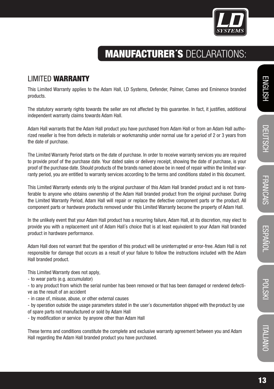 Manufacturer´s declarations: specifications | LD Systems LDMON 81AG² User Manual | Page 13 / 88