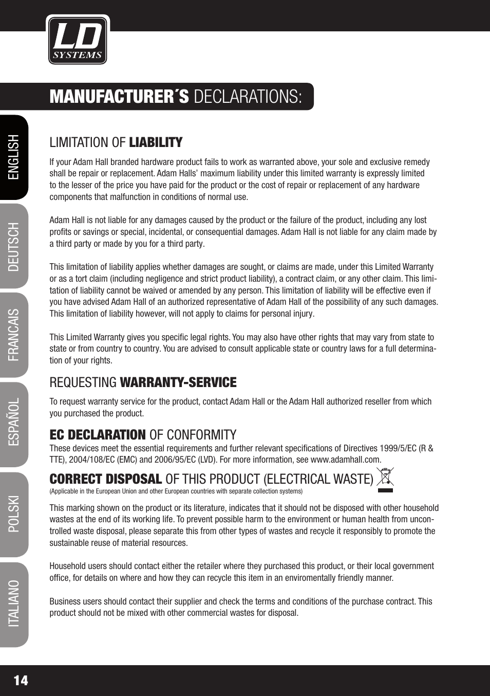Manufacturer´s declarations | LD Systems LDMON 81AG² User Manual | Page 14 / 88