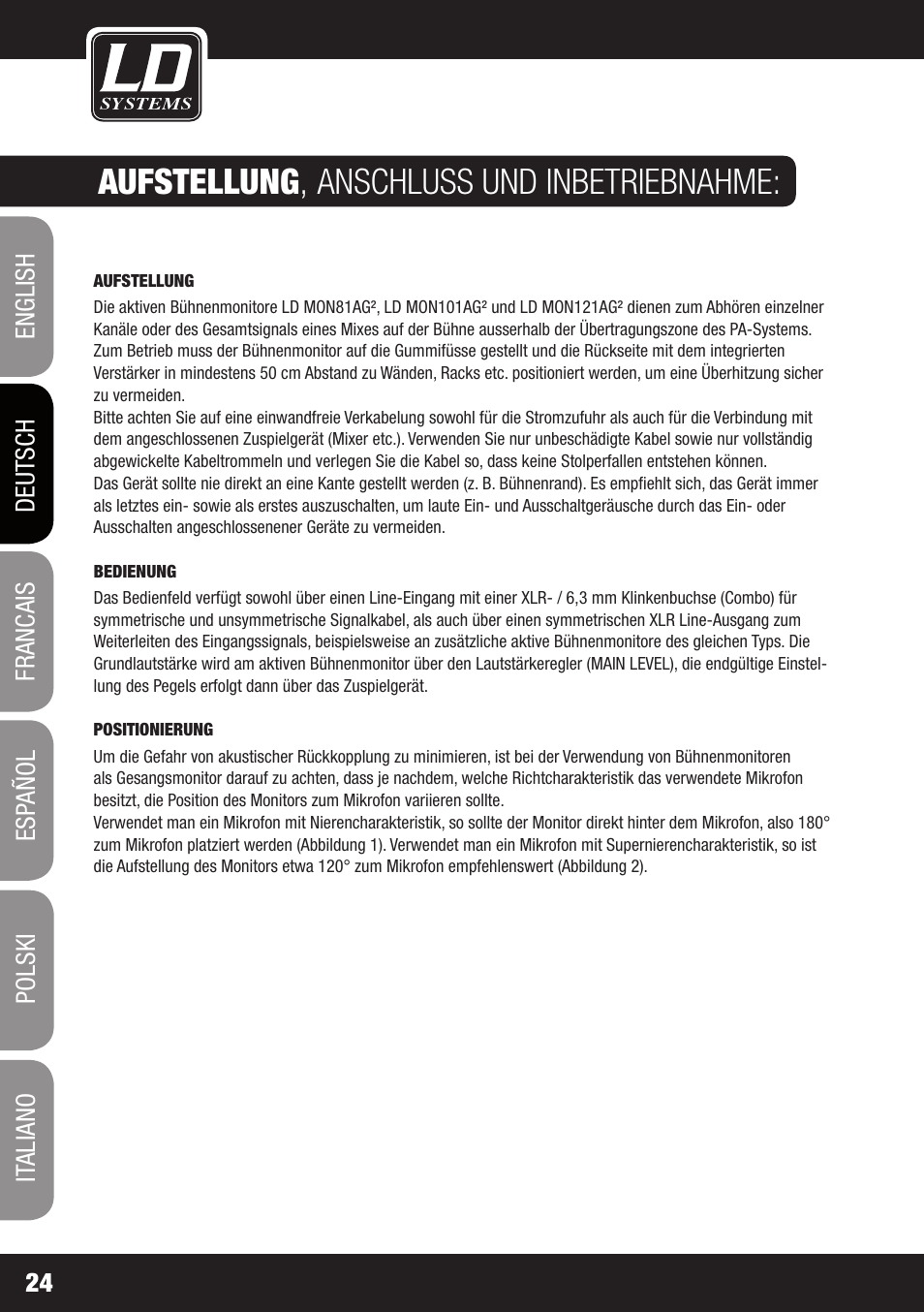 Aufstellung , anschluss und inbetriebnahme | LD Systems LDMON 81AG² User Manual | Page 24 / 88