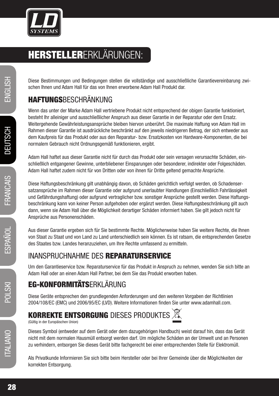 Hersteller erklärungen | LD Systems LDMON 81AG² User Manual | Page 28 / 88