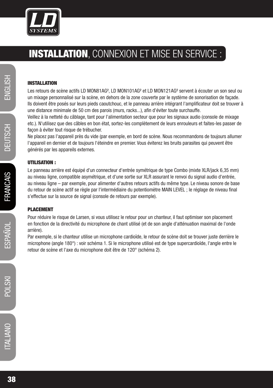 Installation, Connexion et mise en service | LD Systems LDMON 81AG² User Manual | Page 38 / 88