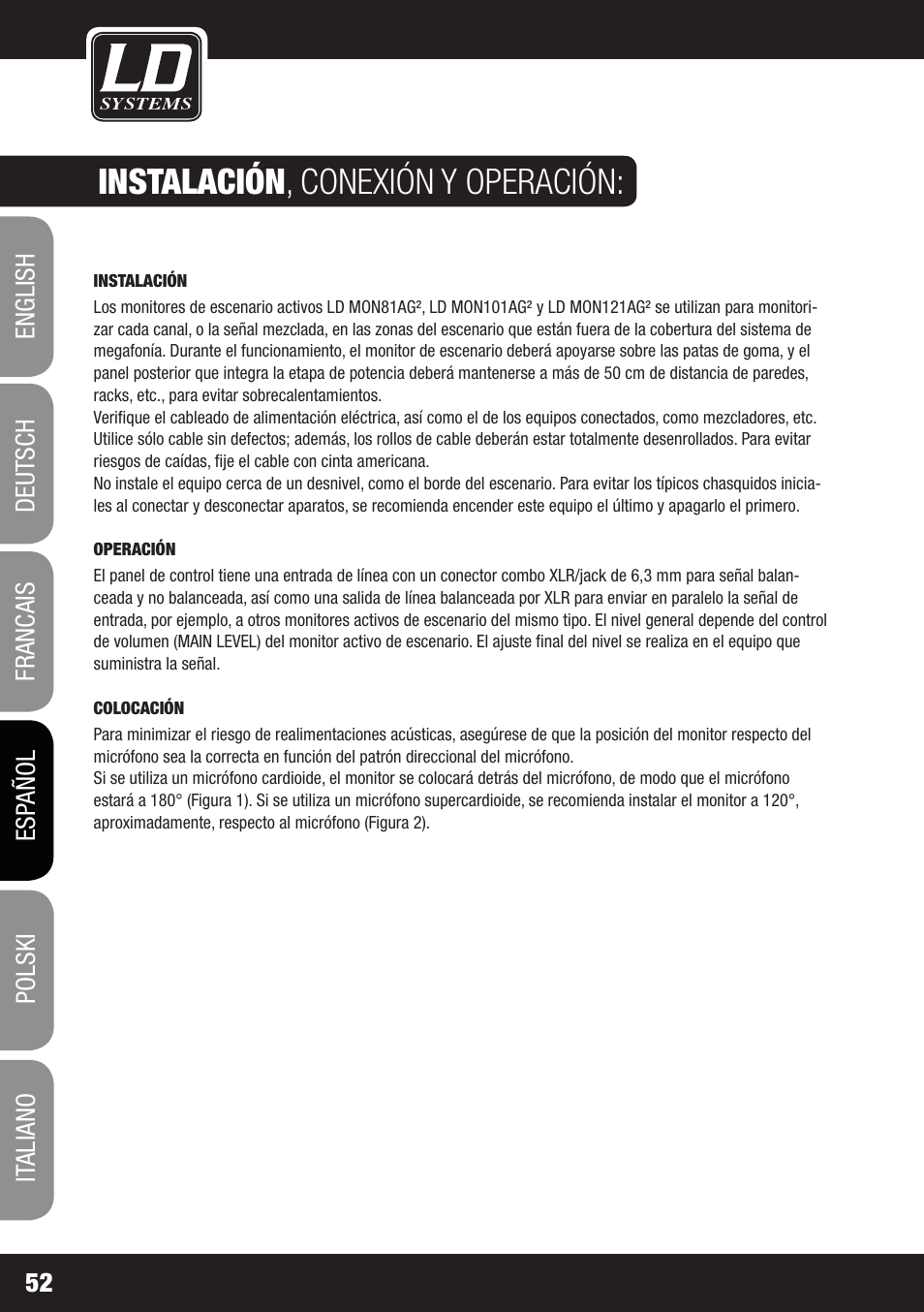 Instalación, Conexión y operación | LD Systems LDMON 81AG² User Manual | Page 52 / 88