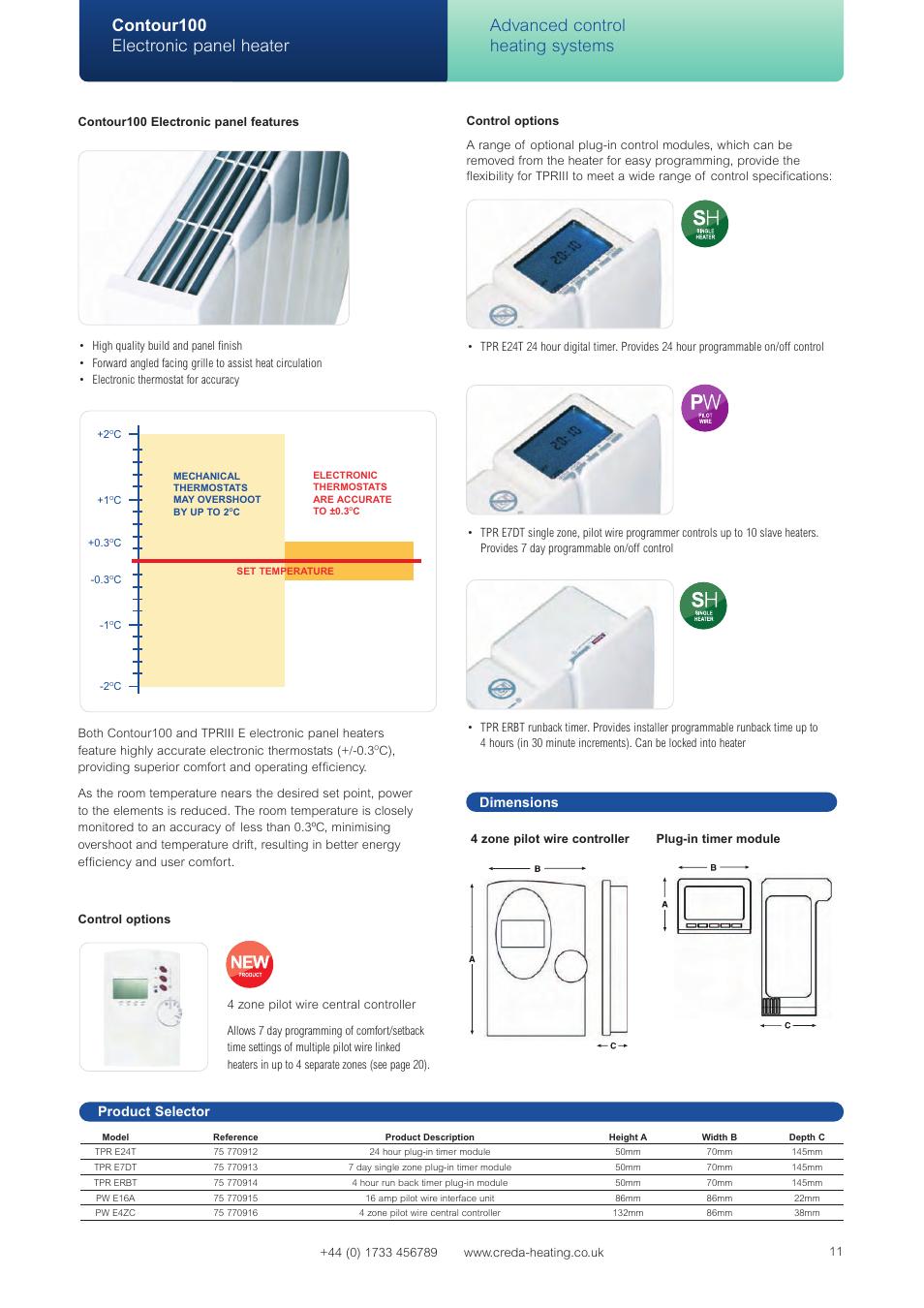 Contour100 electronic panel heater, Advanced control heating systems, Dimensions | Product selector | Creda Heating Solution User Manual | Page 11 / 48