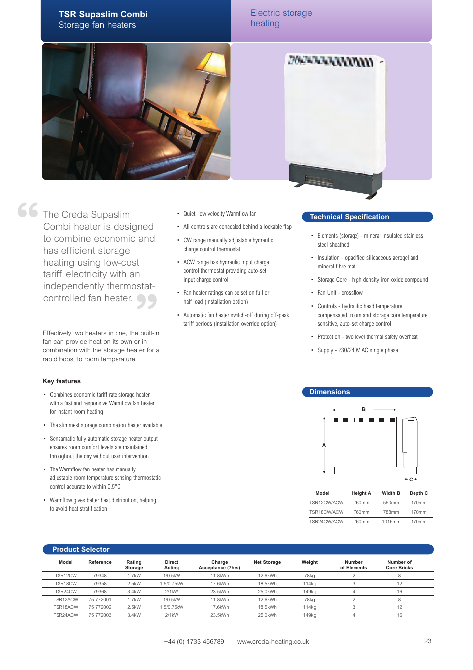 Tsr supaslim combi storage fan heaters, Electric storage heating | Creda Heating Solution User Manual | Page 23 / 48