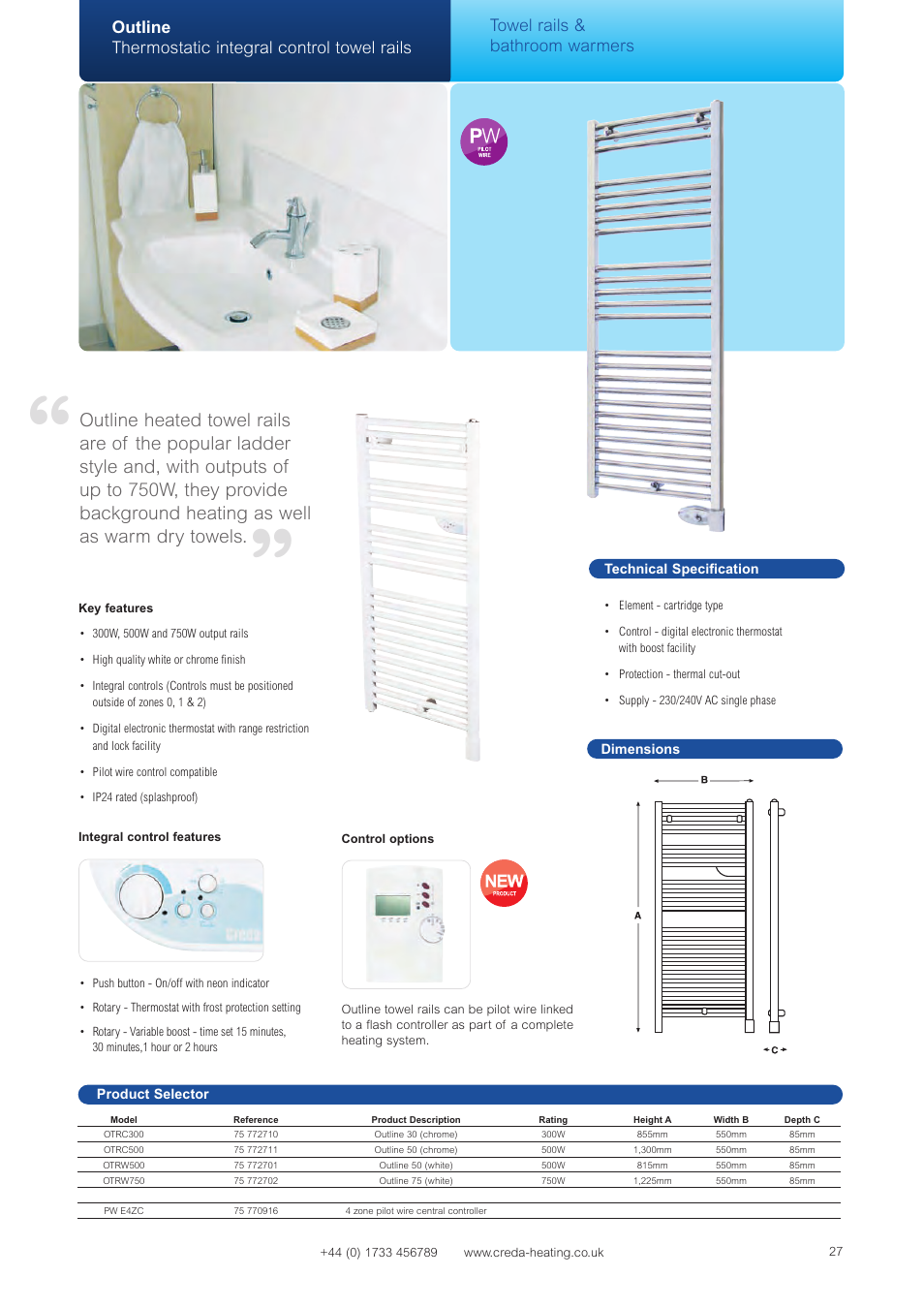 Outline thermostatic integral control towel rails, Towel rails & bathroom warmers | Creda Heating Solution User Manual | Page 27 / 48
