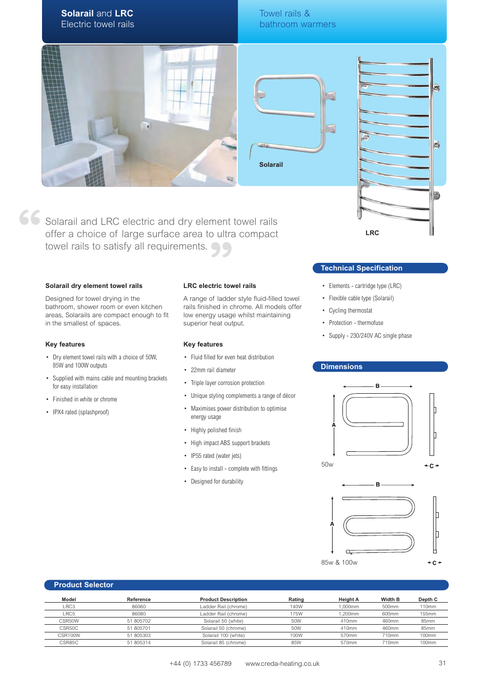 Solarail and lrc electric towel rails, Towel rails & bathroom warmers | Creda Heating Solution User Manual | Page 31 / 48