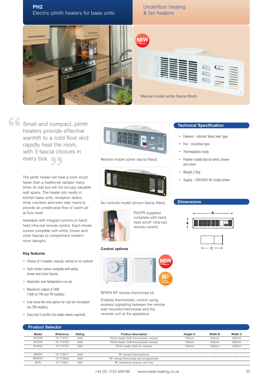 Ph2 electric plinth heaters for base units, Underfloor heating & fan heaters | Creda Heating Solution User Manual | Page 33 / 48