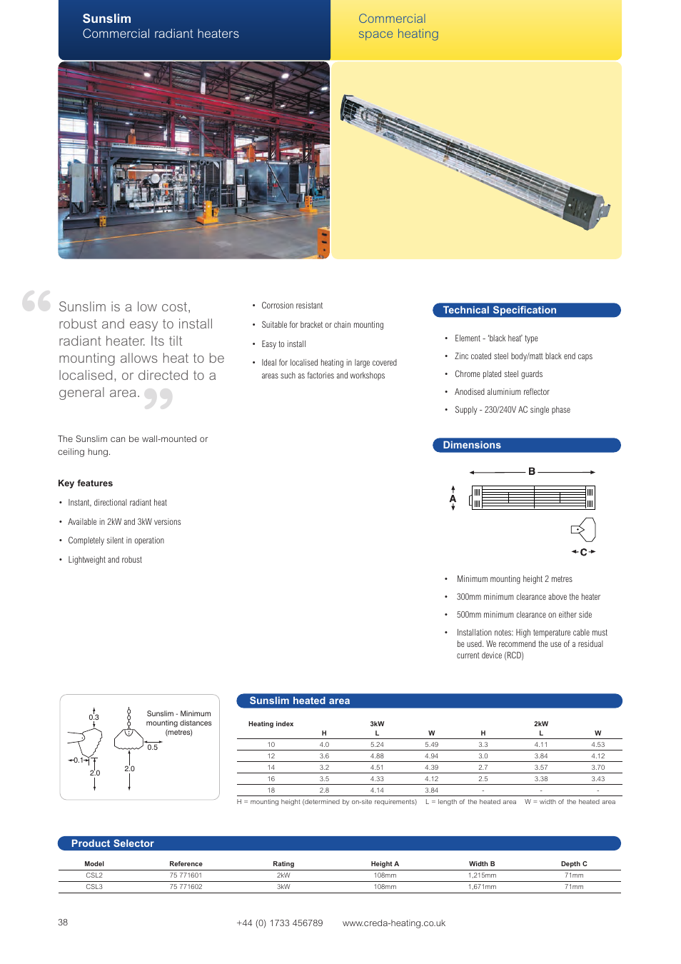 Sunslim commercial radiant heaters, Commercial space heating | Creda Heating Solution User Manual | Page 38 / 48