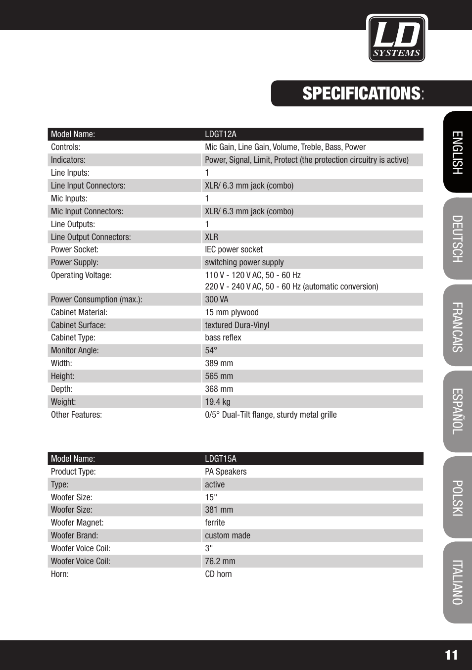 Specifications | LD Systems GT 12 A User Manual | Page 11 / 88