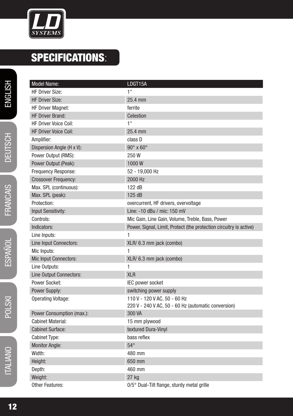 Specifications | LD Systems GT 12 A User Manual | Page 12 / 88