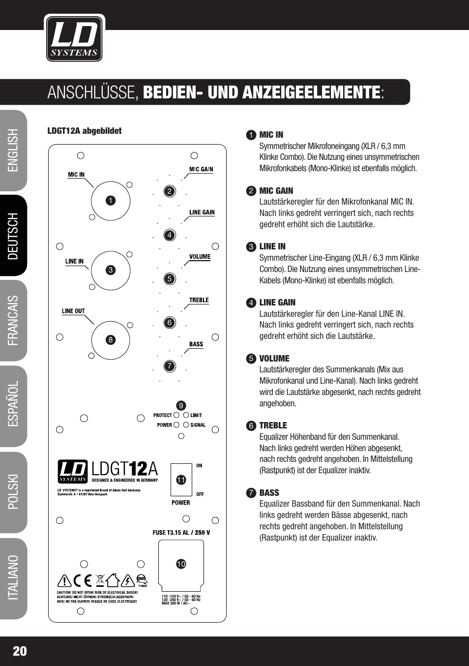 Anschlüsse, bedien- und anzeigeelemente | LD Systems GT 12 A User Manual | Page 20 / 88