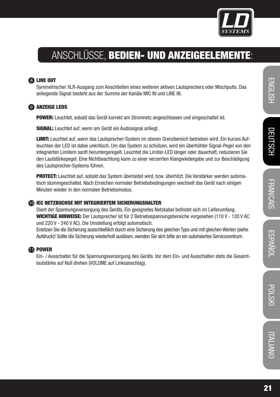 Anschlüsse, bedien- und anzeigeelemente | LD Systems GT 12 A User Manual | Page 21 / 88