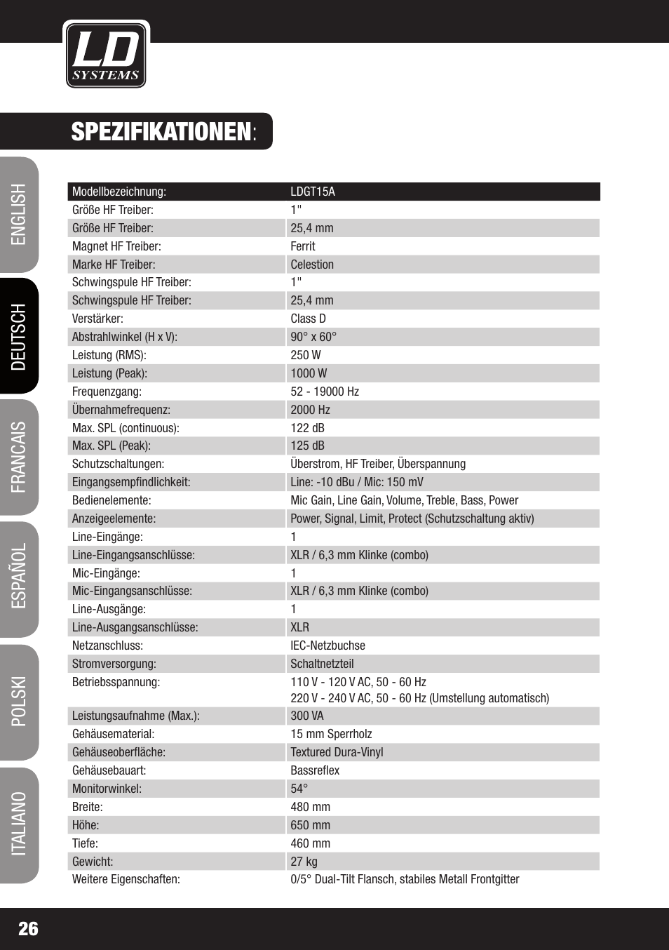 Spezifikationen | LD Systems GT 12 A User Manual | Page 26 / 88