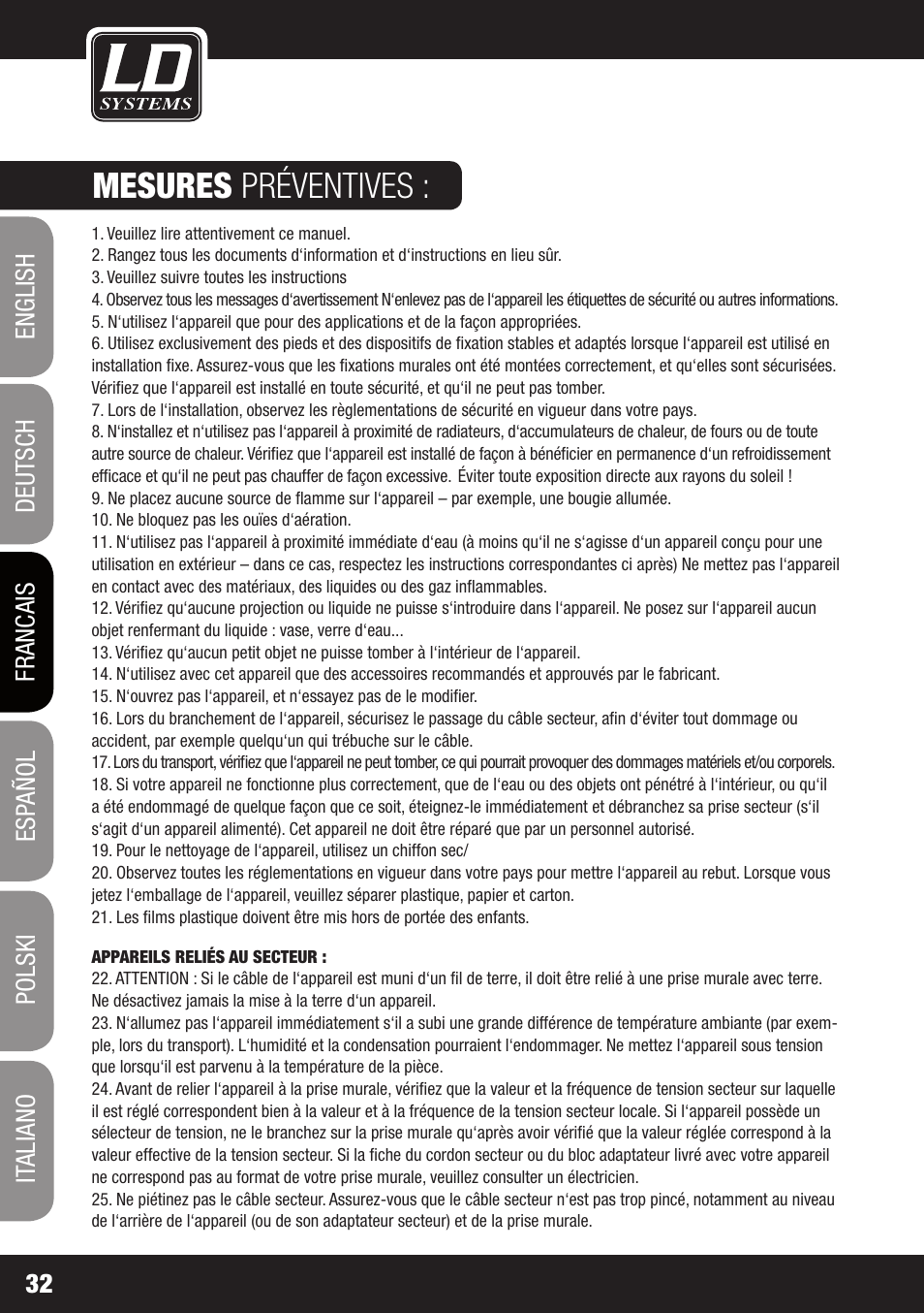 Mesures préventives | LD Systems GT 12 A User Manual | Page 32 / 88