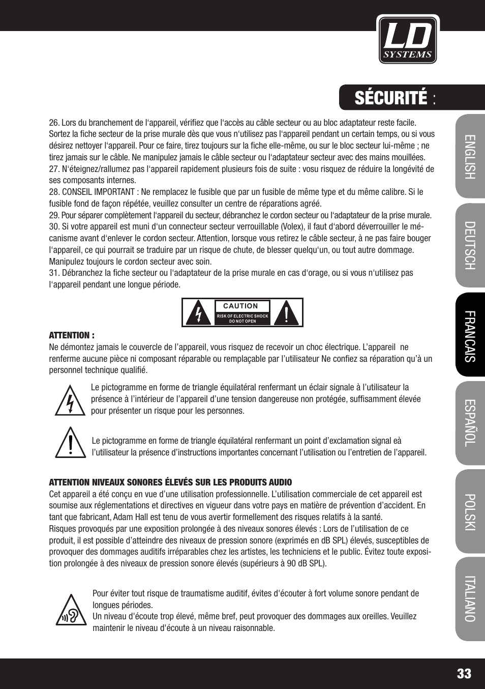 Sécurité | LD Systems GT 12 A User Manual | Page 33 / 88