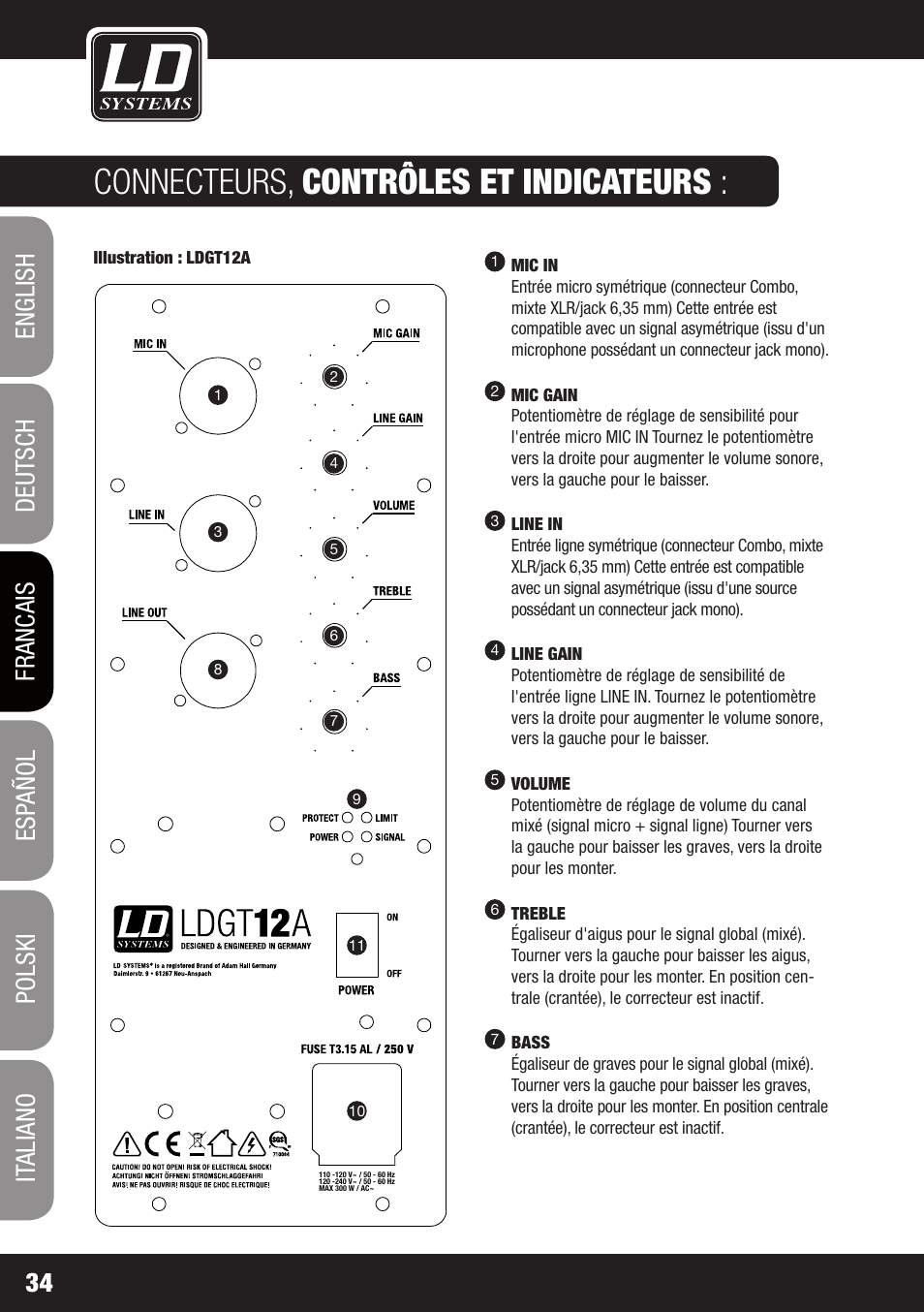 Connecteurs, contrôles et indicateurs | LD Systems GT 12 A User Manual | Page 34 / 88