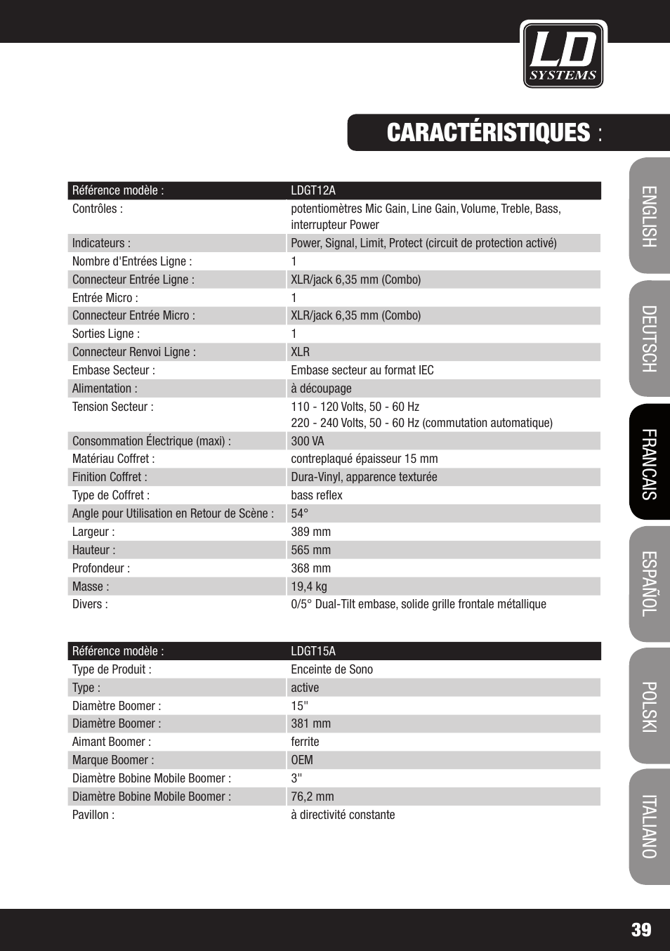 Caractéristiques | LD Systems GT 12 A User Manual | Page 39 / 88