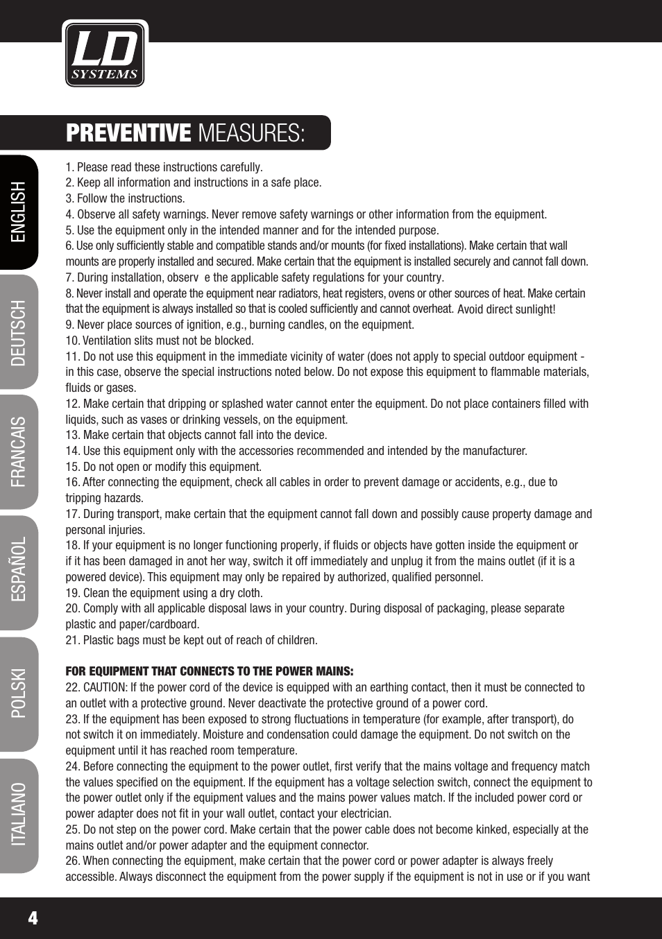 Preventive measures | LD Systems GT 12 A User Manual | Page 4 / 88