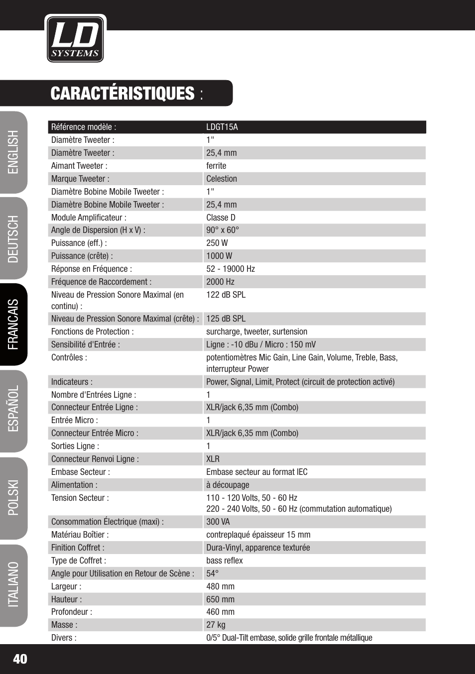 Caractéristiques | LD Systems GT 12 A User Manual | Page 40 / 88