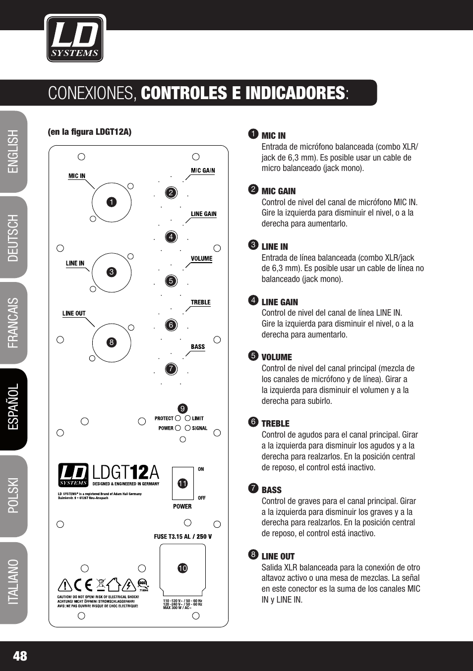 Conexiones, controles e indicadores | LD Systems GT 12 A User Manual | Page 48 / 88