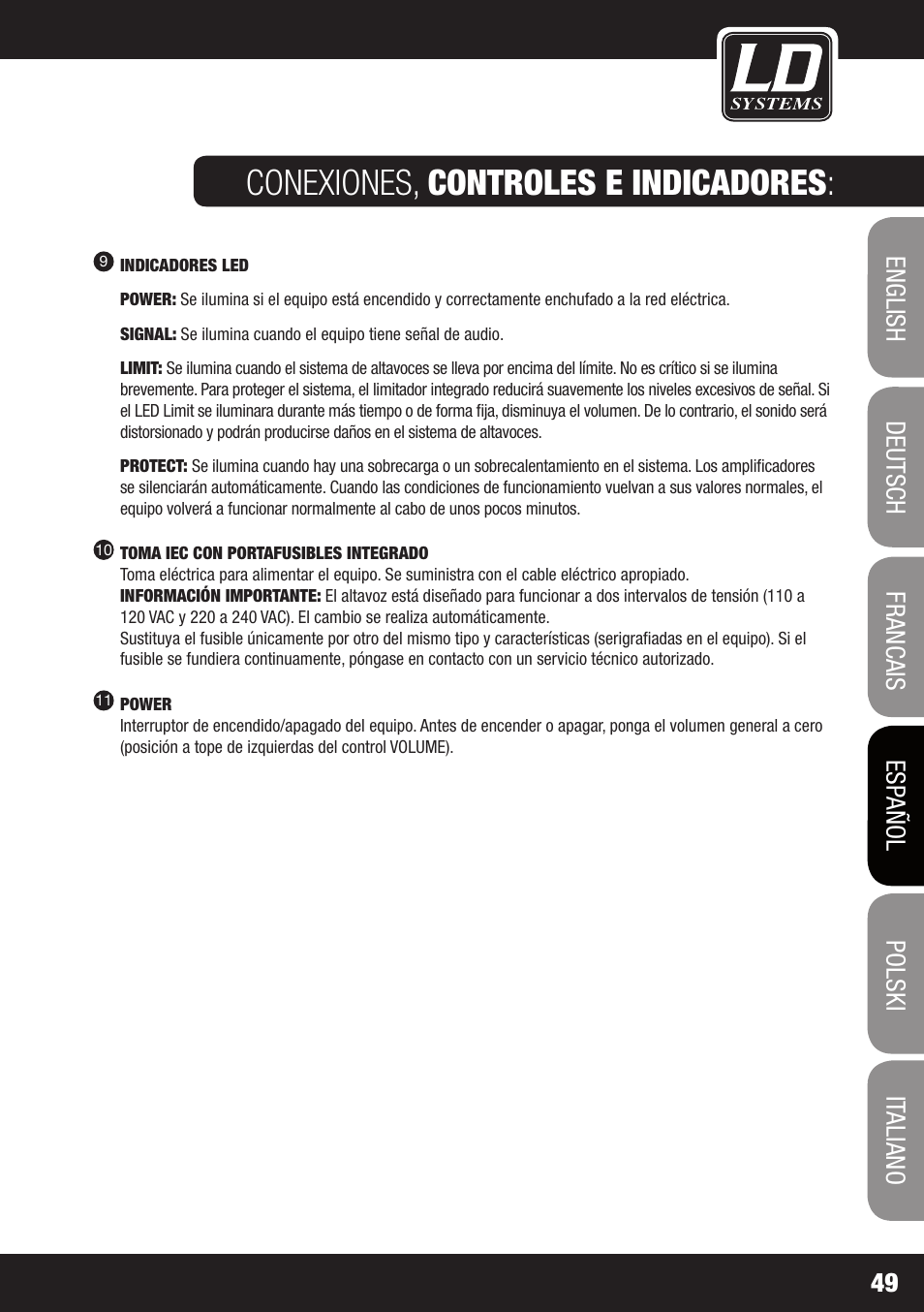 Conexiones, controles e indicadores | LD Systems GT 12 A User Manual | Page 49 / 88