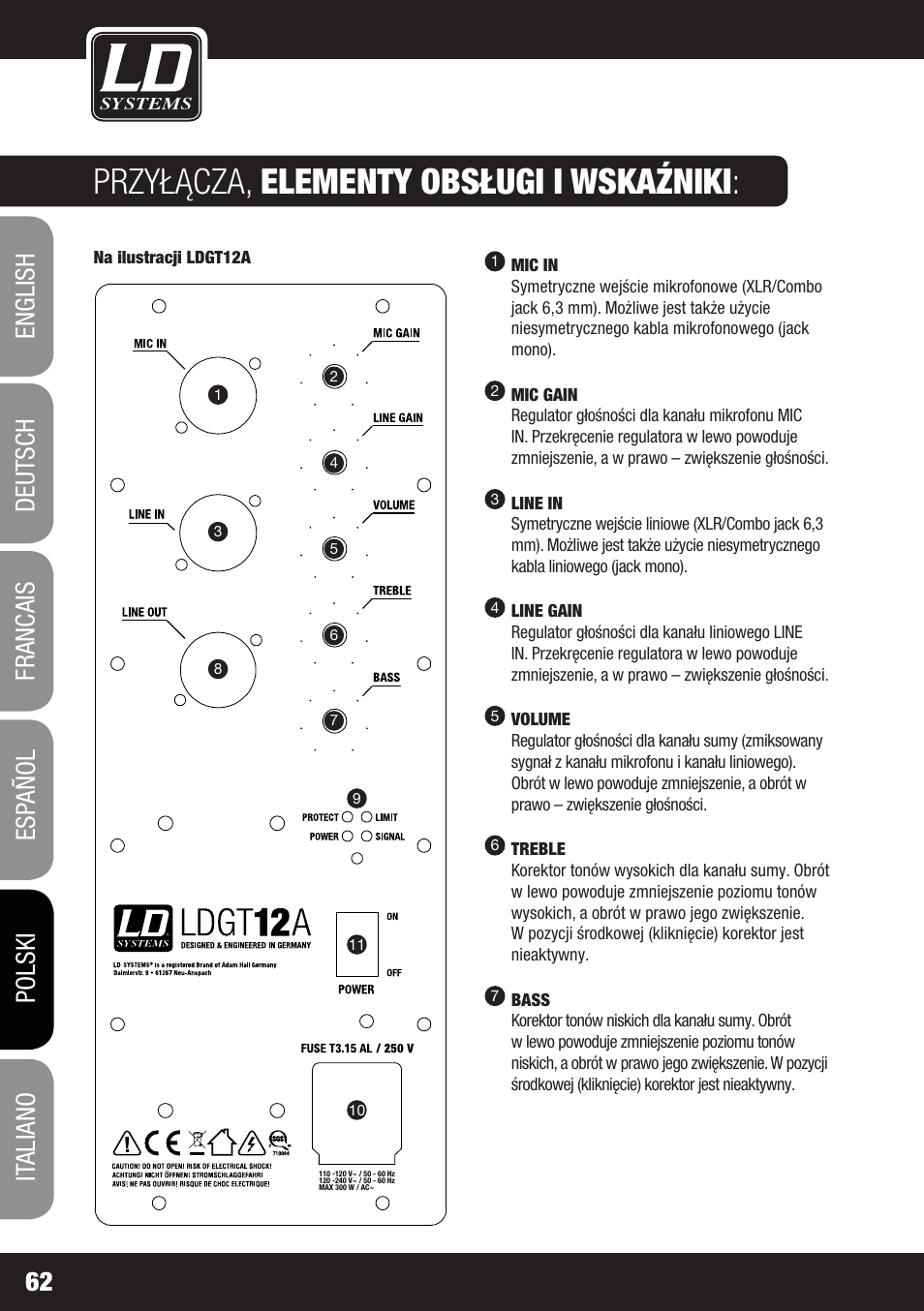 Przyłącza, elementy obsługi i wskaźniki | LD Systems GT 12 A User Manual | Page 62 / 88