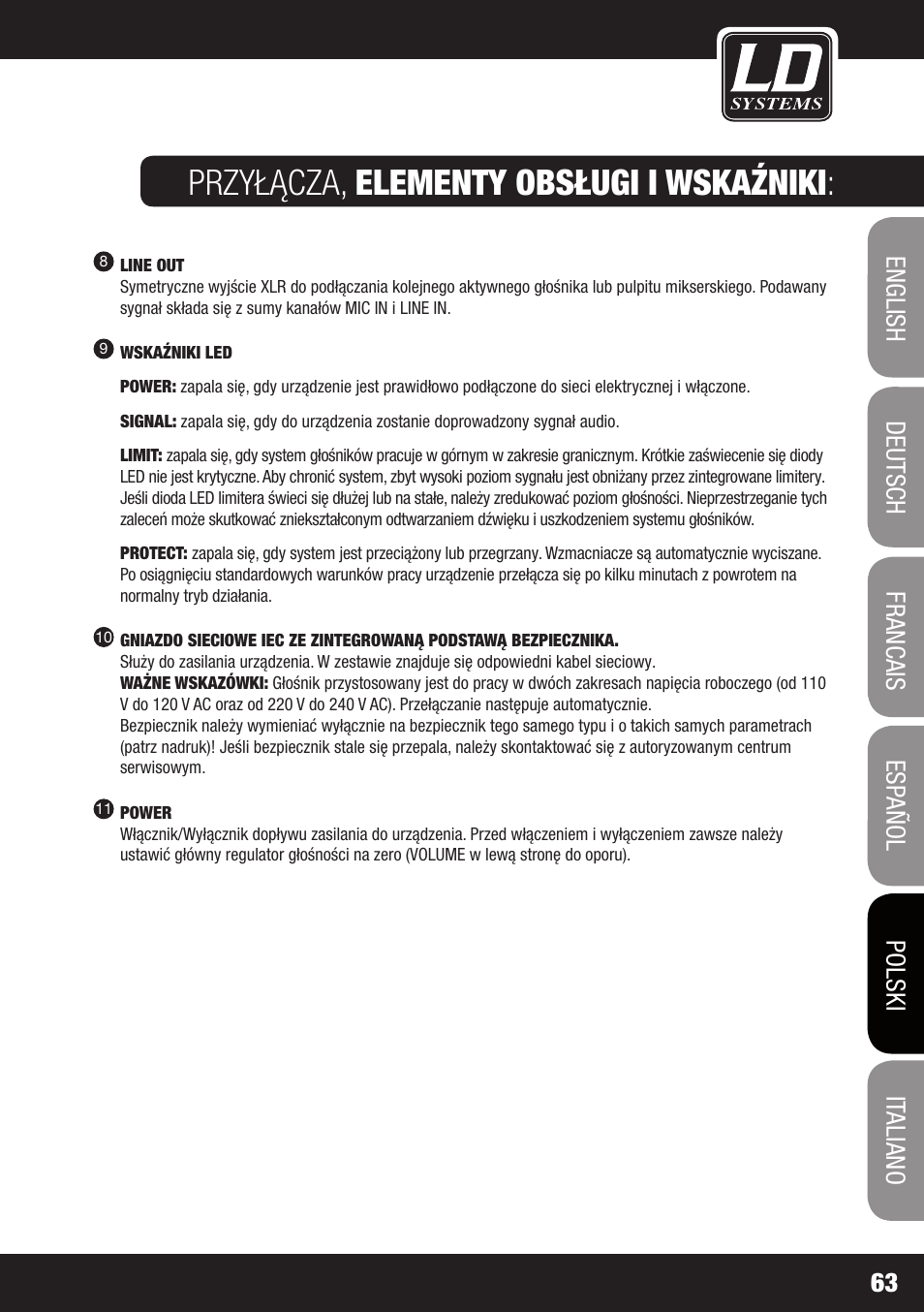 Przyłącza, elementy obsługi i wskaźniki | LD Systems GT 12 A User Manual | Page 63 / 88