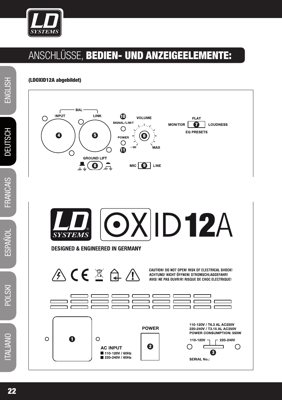 Anschlüsse, bedien- und anzeigeelemente | LD Systems OXID 15 A User Manual | Page 22 / 100