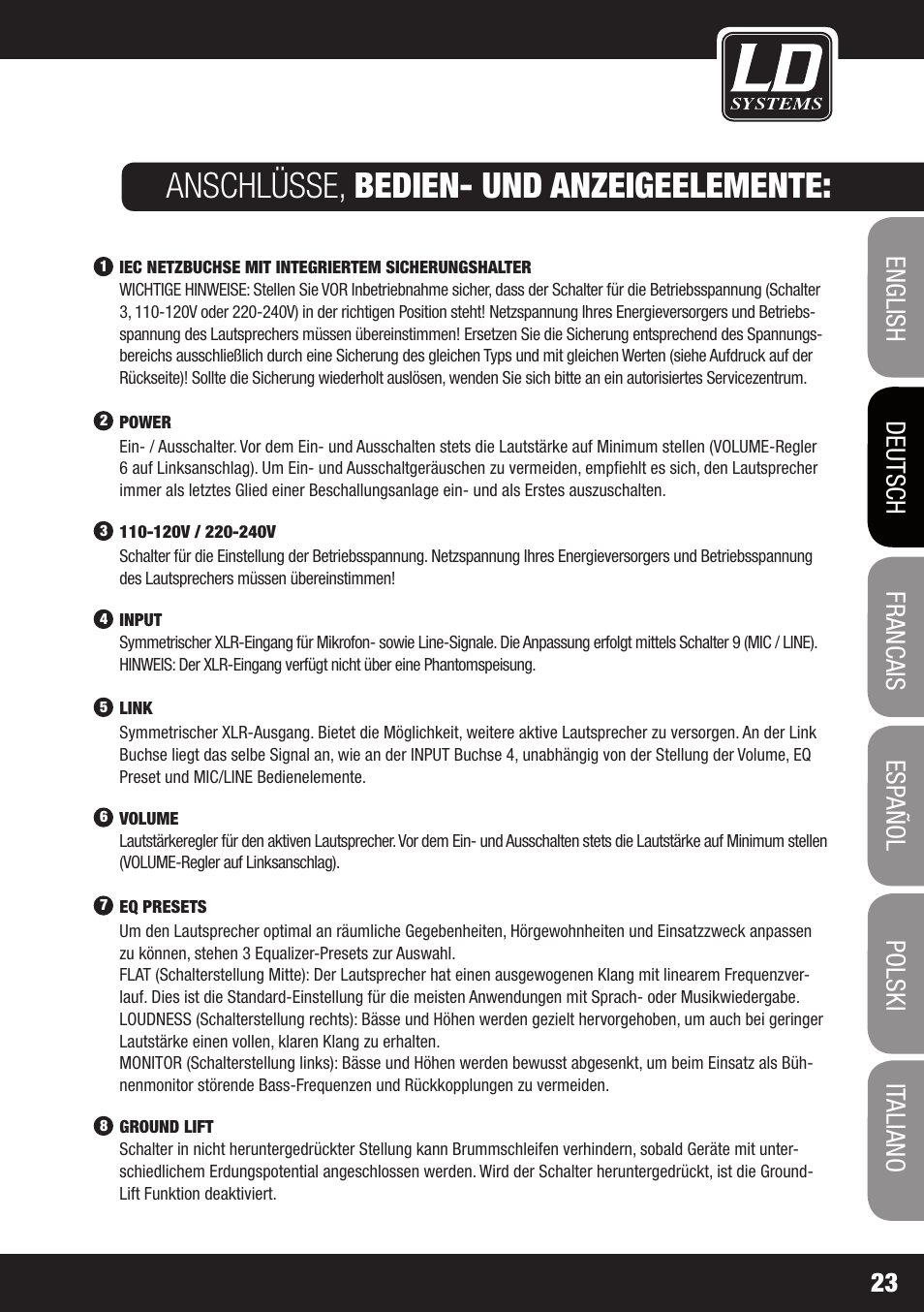 Anschlüsse, bedien- und anzeigeelemente | LD Systems OXID 15 A User Manual | Page 23 / 100