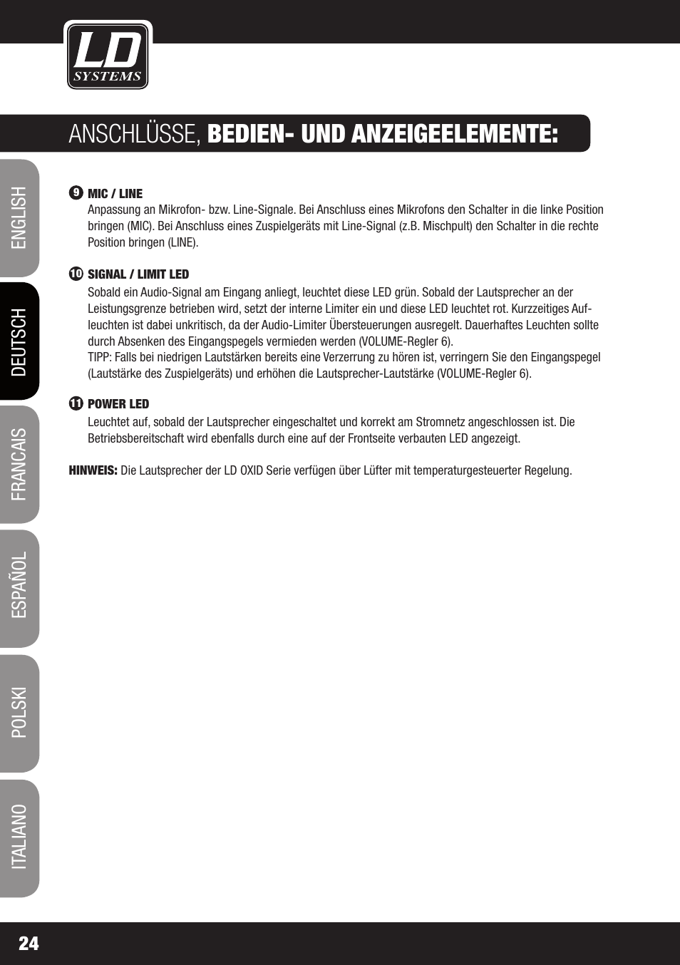 Anschlüsse, bedien- und anzeigeelemente | LD Systems OXID 15 A User Manual | Page 24 / 100