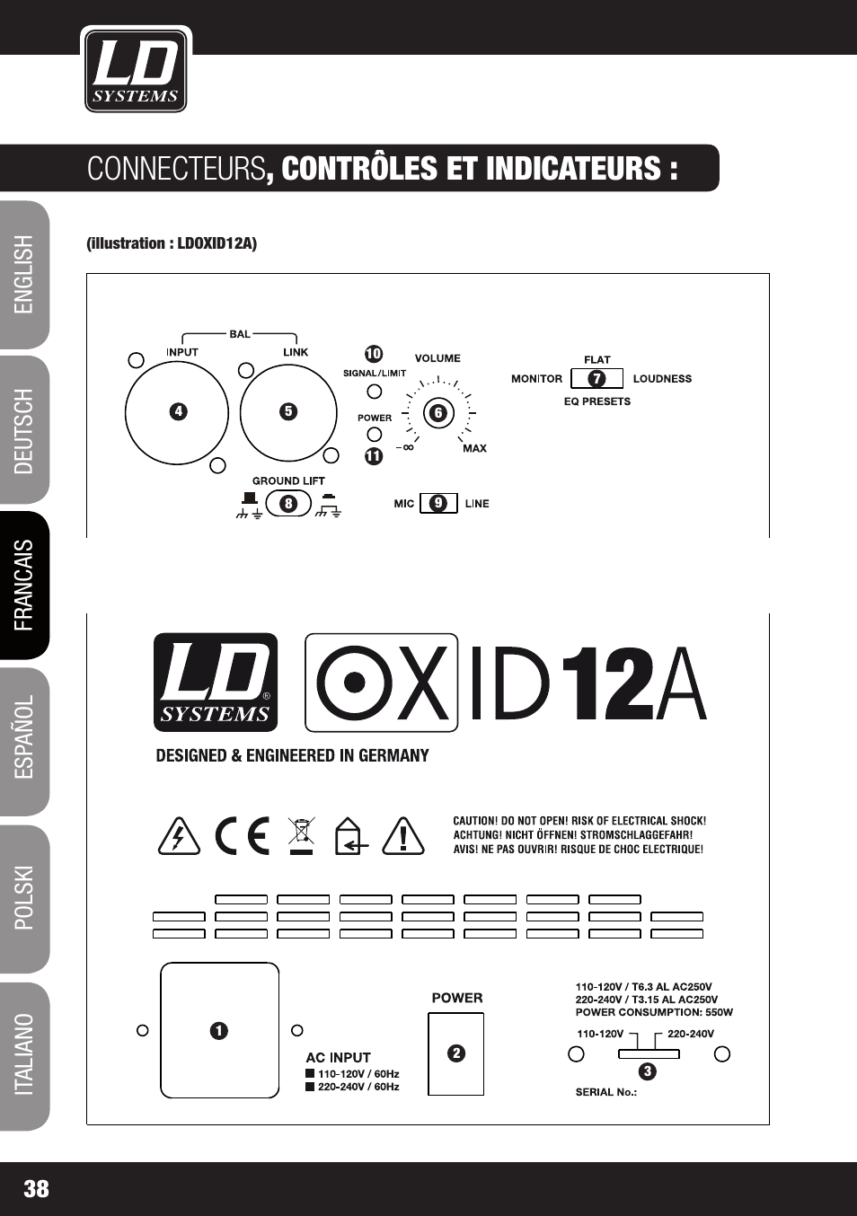 Connecteurs , contrôles et indicateurs | LD Systems OXID 15 A User Manual | Page 38 / 100